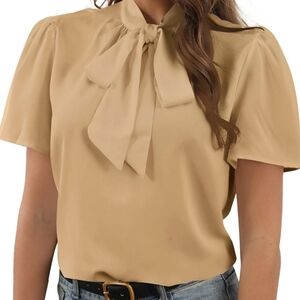 Rooscier Bow Tie Knot Neck Short Sleeve Workwear Casual Blouse Shirt Tan XXL‎